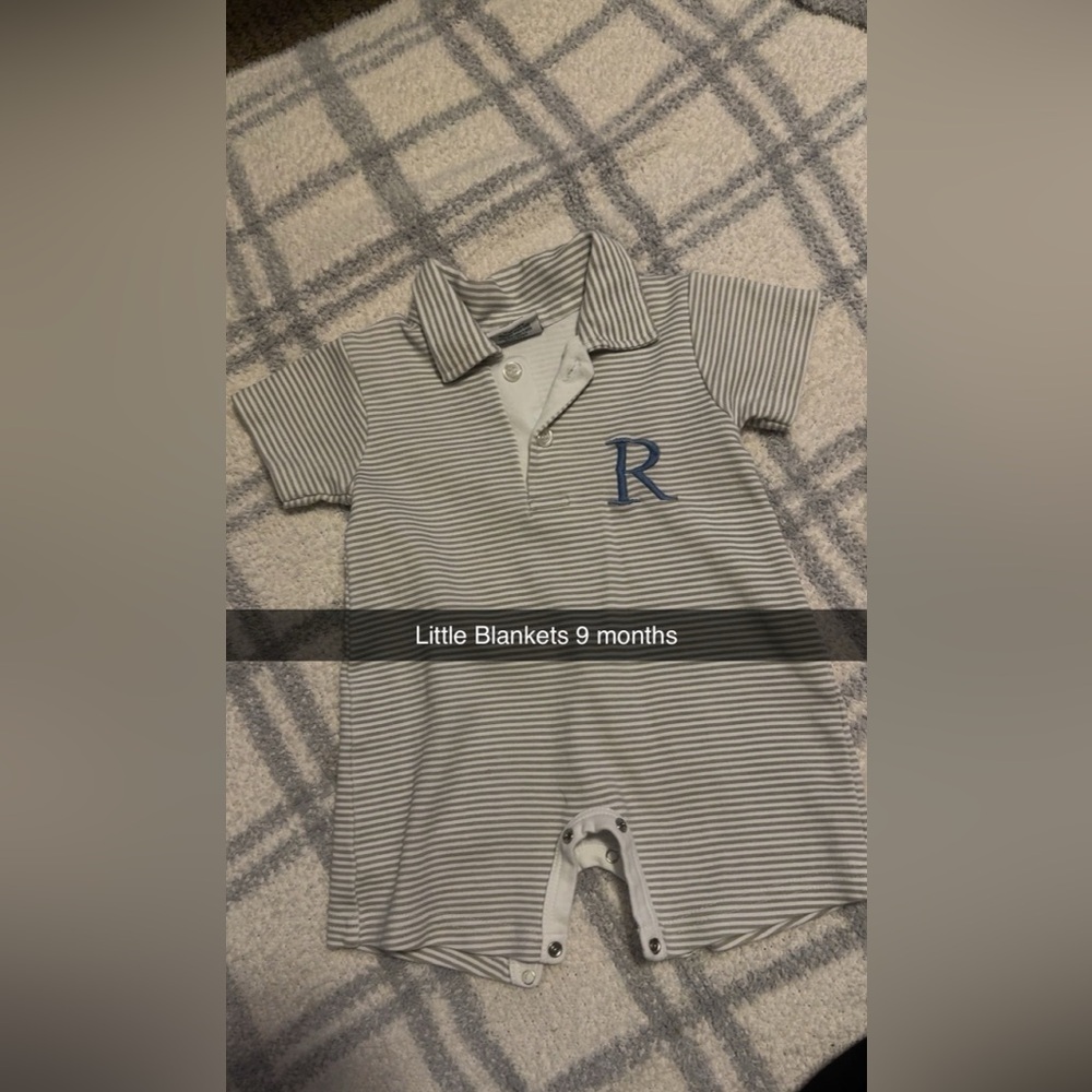 Striped Gray Baby Romper “R” monogram